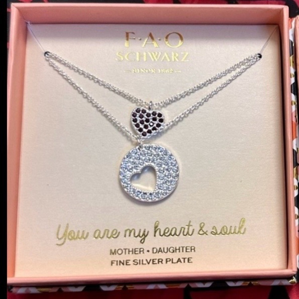 FAO Schwarz Fine Silver Dark Red Heart Pendant Necklace Set NIB